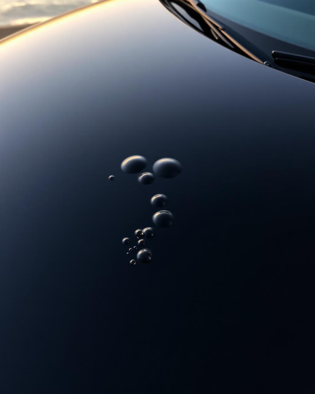 Water beading off a freshly polished dark car hood at dusk